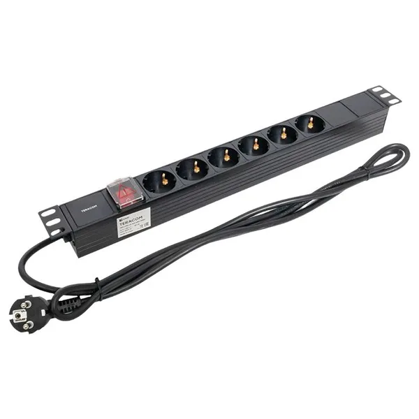 Блок розеток PDU TERACOM 19" 1U 16А/250В 6 розеток Schuko с выключателем шнур питания длиной 2 метра сечение 3x1,5 мм2 вилка Schuko корпус пластик чер EKF — фото 3