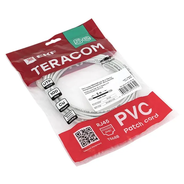 Патч-корд TERACOM Cat,5E (1Гбит/с) неэкранированный UTP оболочка PVC серый (5м) EKF — фото 4