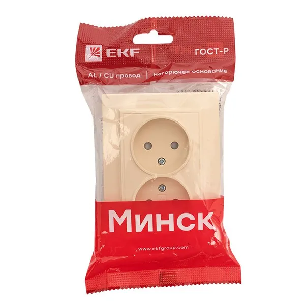 Минск Розетка 2-мест, СП б/з 10А бежевый с защ, штор, EKF — фото 3
