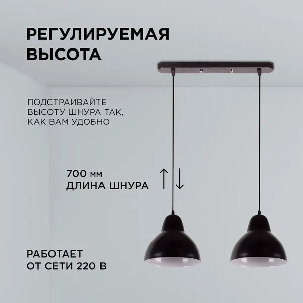 16-67 (2019/2) Светильник декоративный, подвесной, 230В/50Гц, 2хЕ27, мах 40Вт, 485х700х205мм, IP20, металл, чёрный, крепление на планку, лампа в комле APEYRON — фото 2
