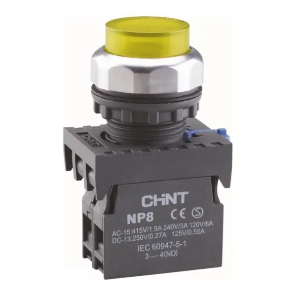 Кнопка упр. NP8-10BN/5 без подсветки, самовозв., желт., 1НО, IP65 (R) CHINT