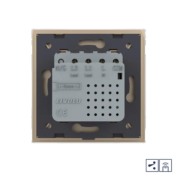 Двухклавишный проходной сенсорный выключатель Module с функцией радиоуправления, цвет золотой Livolo — фото 4