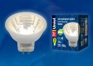 Лампа светодиодная GU4 MR11 220V 3W(200lm 110°) 3000K Uniel