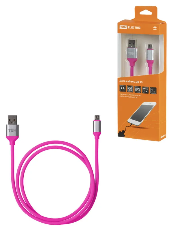Дата-кабель, ДК 19, USB - micro USB, 1 м, силиконовая оплетка, розовый, TDM — фото 3
