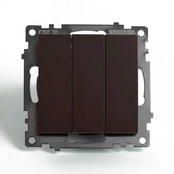 Выключатель 3-клавишный (механизм), STEKKER GLS10-7108-04, 250V, 10А, серия Катрин, шоколад — фото 2