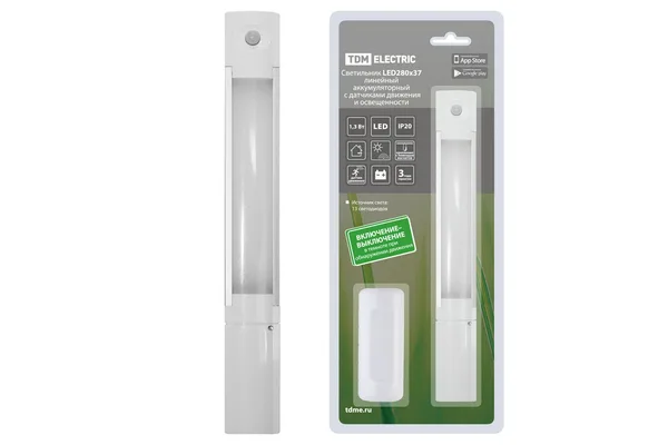 Светильник LED280х37 линейный, 1,3 Вт, акк.Li-Pol 900 mAh, датчик движ. и освещ, USB, TDM