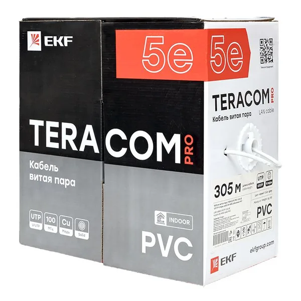 Кабель витая пара TERACOM PRO Cat,5E U/UTP 4 пары solid 24AWG оболочка PVC цвет серый (упак, 305м) EKF — фото 4