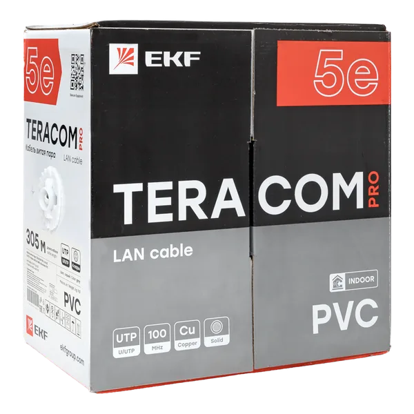 Кабель витая пара TERACOM PRO Cat,5E U/UTP 4 пары solid 24AWG оболочка PVC цвет серый (упак, 305м) EKF — фото 3