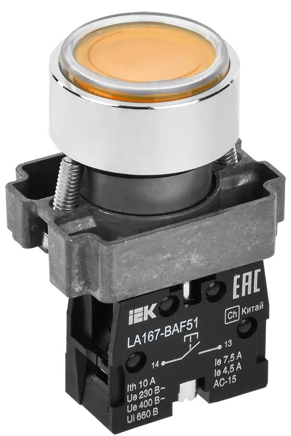Кнопка управления LA167-BAF51 d=22мм 1з желтая IEK