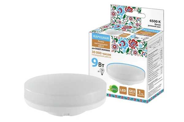 Лампа светодиодная GX53-9 Вт-230 В-6500 К-Э, h=26 мм, Народная TDM