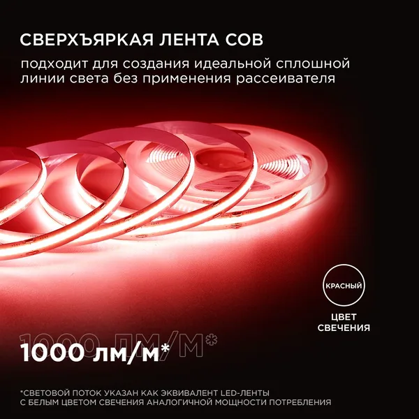 180ОО Общее освещение светодиодной лентой 2м, 24В, 11Вт/м, COB, 352д/м, IP20, крас. Apeyron — фото 3
