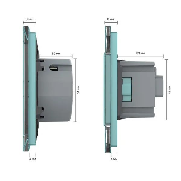 Сенсорный выключатель комб. на 3 линии 1 розетка 3 модуля Зеленый B Livolo — фото 3