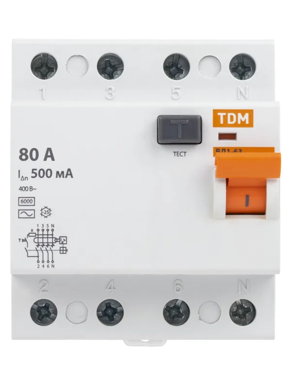 Устройство защитного отключения УЗО ВД1-63 4П 80А 500мА TDM — фото 3