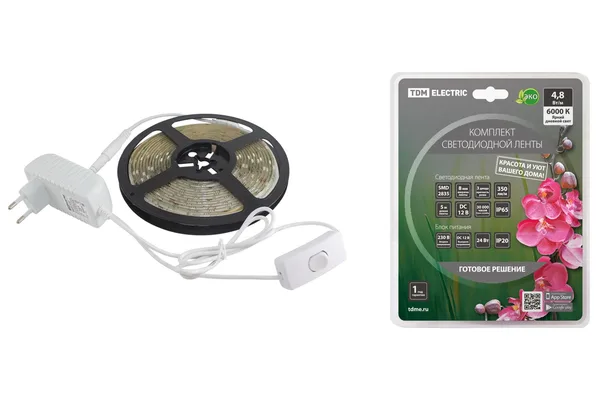 Комплект светодиодной ленты SMD2835-60 LED/м-12 В-4,8 Вт/м-IP65-6000 К (5 м), 24 Вт TDM