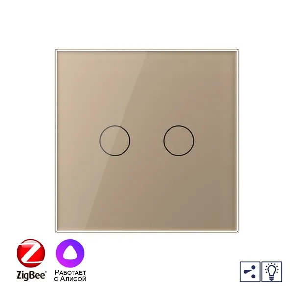 Двухклавишный проходной умный сенсорный диммер Livolo ZigBee, 1 пост, Золотой VL-C702SD2Z-2AG — фото 2
