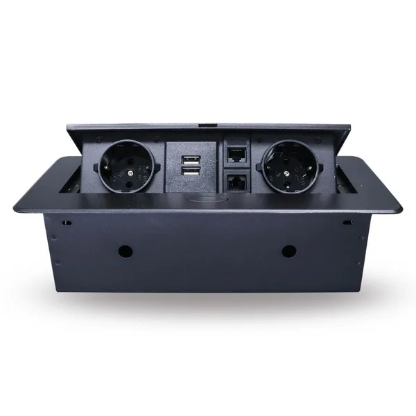 Розетка горизонтальная выдвижная 2 Euro 16А, 2 USB A с блоком 5В/2.1А, 2 RJ45 RocketSocket, проводка, цвет черный — фото 2