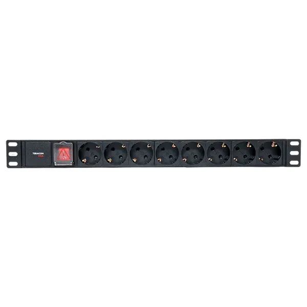 Блок розеток PDU TERACOM PRO 19" 1U 10А/250В 8 розеток Schuko с выключателем без шнура питания входной разъем C14 корпус алюминий черный EKF — фото 2