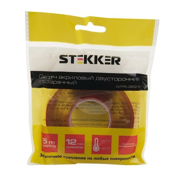 Скотч акриловый двусторонний STEKKER INTP5-0812-5 0,8*12 мм,длина 5м, прозрачный, красная подложка — фото 2
