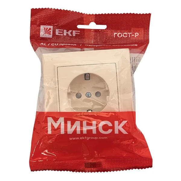 Минск Розетка 1-мест, СП с/з 16А бежевый с защ, штор, EKF — фото 4
