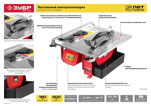 Электроплиткорез "Мастер", диск 180 мм, глубина реза 90°-34мм/45°-17мм, стол 330х360мм, 2950об/мин, 600Вт ЗУБР — фото 4