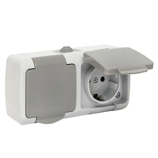 Мурманск Розетка 2-местная 16А с заземлением с крышкой IP54 серый с защитными шторками EKF — фото 5