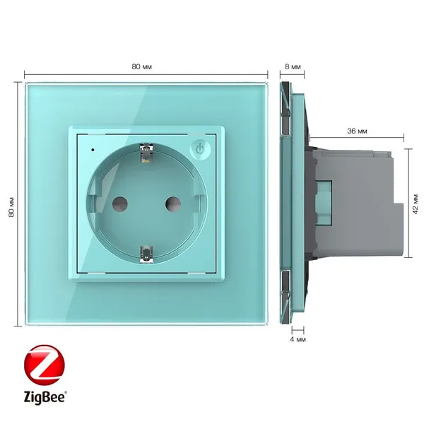 Розетка электрическая ZigBee (Wi-Fi) с заземлением защитными шторками 16A 1 пост Зеленая Livolo — фото 5