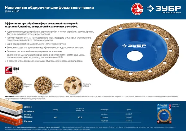 №3 Наклонная обдирочно-шлифовальная чашка, крупное зерно ВК8, 125 мм ЗУБР — фото 3
