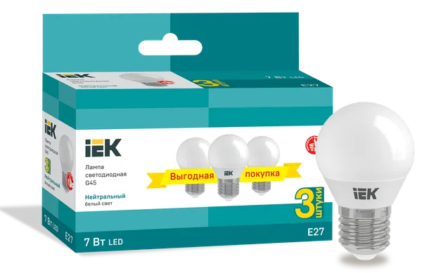 Лампа светодиодная G45 шар 7Вт 230В 4000К E27 (3шт/упак) IEK
