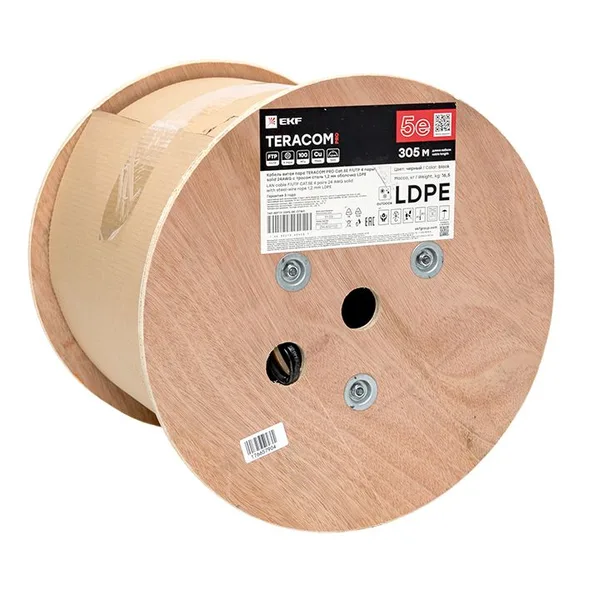 Кабель витая пара TERACOM PRO Cat,5E F/UTP 4 пары solid 24AWG с тросом сталь 1,2 мм оболочка LDPE цвет черный (катушка 305м) EKF — фото 4