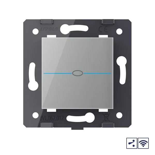 Одноклавишный проходной сенсорный выключатель Quadro с радиоупр., цвет серый (механизм) Livolo — фото 2