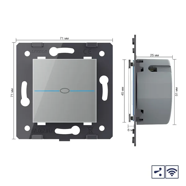 Одноклавишный проходной сенсорный выключатель Quadro с радиоупр., цвет серый (механизм) Livolo — фото 5