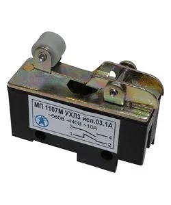 Микровыключатель МП 1107М УХЛ3 исп.03.1А, 2-х пол., 10А, 660В, 1з+1р, прямой рычаг с роликом, базовый, винт Электротехник