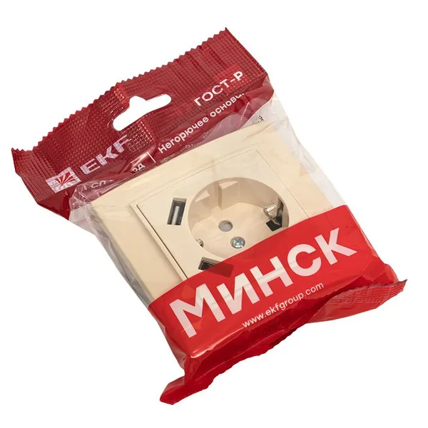 Минск Розетка 1-местная СП с/з 16А бежевая с защ, штор, с 2 USB 2,1А EKF — фото 3