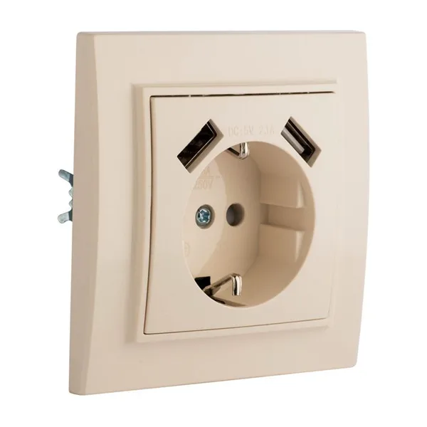 Минск Розетка 1-местная СП с/з 16А бежевая с защ, штор, с 2 USB 2,1А EKF — фото 2