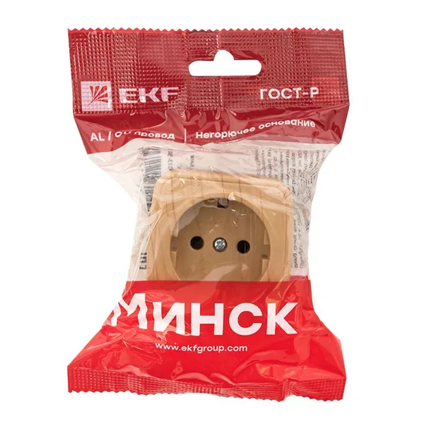 Минск Розетка 1-местная ОП 16А с заземлением светлое дерево EKF — фото 3