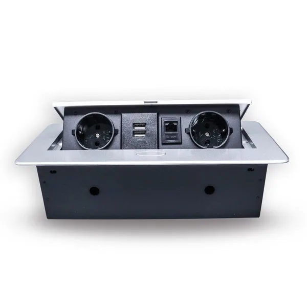 Розетка горизонтальная выдвижная 2 Euro 16А, 2 USB A с блоком 5В/2.1А, RJ45 RocketSocket, проводка, цвет серый — фото 2