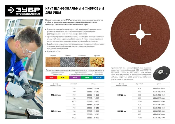 Круг шлифовальный "ПРОФИ" фибровый, для УШМ, P24, 180х22мм, 5 листов ЗУБР — фото 2