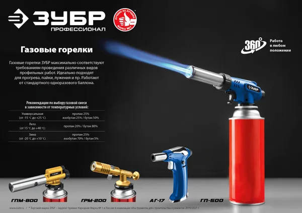Газовая горелка ГПМ-800 цельнометаллическая, с пьезоподжигом, на баллон с цанговым соединением, 1300°C, Профессионал ЗУБР — фото 8