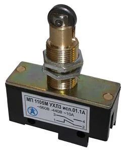 Микровыключатель МП 1105М УХЛ3 исп.03.1А, 2-х пол., 10А, 660В, 1з+1р, толкатель с поперечным расположением ролика, фронтальный гайками, винт Электротехник