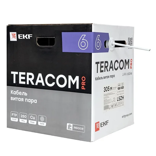 Кабель витая пара TERACOM PRO Cat,6 F/UTP 4 пары solid 23AWG оболочка LSZH нг(А)-HF цвет серый (упак, 305м) EKF — фото 4