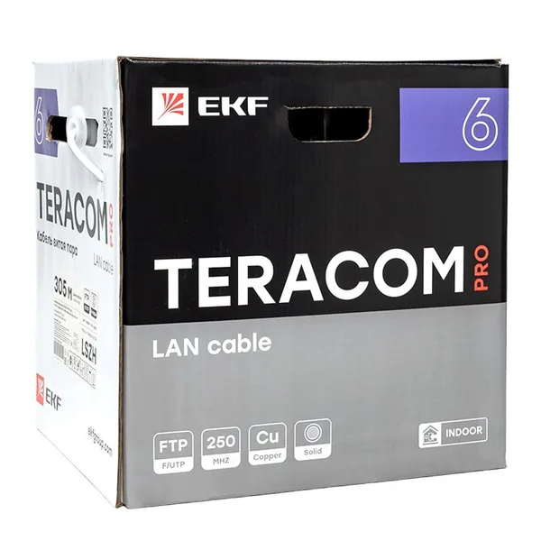 Кабель витая пара TERACOM PRO Cat,6 F/UTP 4 пары solid 23AWG оболочка LSZH нг(А)-HF цвет серый (упак, 305м) EKF — фото 3