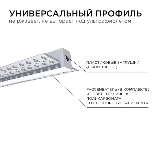 08-48 Профиль алюминиевый для светодиодной ленты, под штукатурку, серебро, 56х15мм, 2,5м, шир. ленты до 12мм, индивидуальная упаковка (рассеиватель бе APEYRON — фото 6