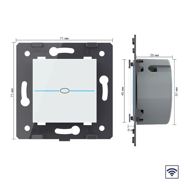 Одноклавишный сенсорный выключатель Quadro с функцией радиоуправления, цвет белый (механизм) Livolo — фото 5