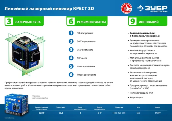 КРЕСТ 3D зеленый нивелир лазерный ЗУБР — фото 3