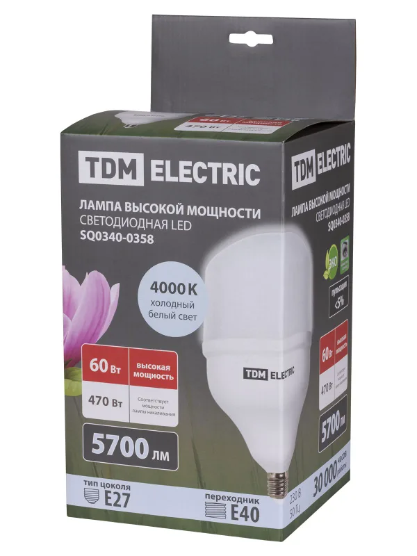 Лампа светодиодная T 60 Вт, 230 В, 4000 К, E27 (160x268 мм) TDM — фото 6