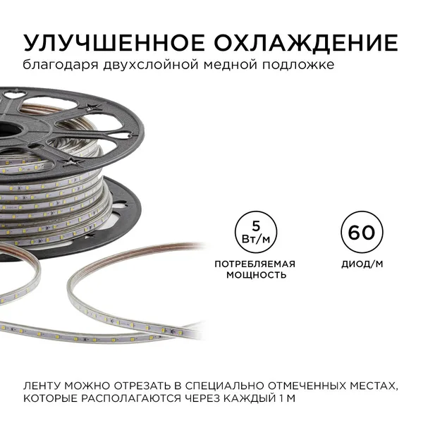 O17-01 Светодиодная лента 220В, 5Вт/м, smd2835, 60д/м, IP65, 300лм/м, размер 10х7мм, 50м, т/б, 3000К OGM APEYRON — фото 5