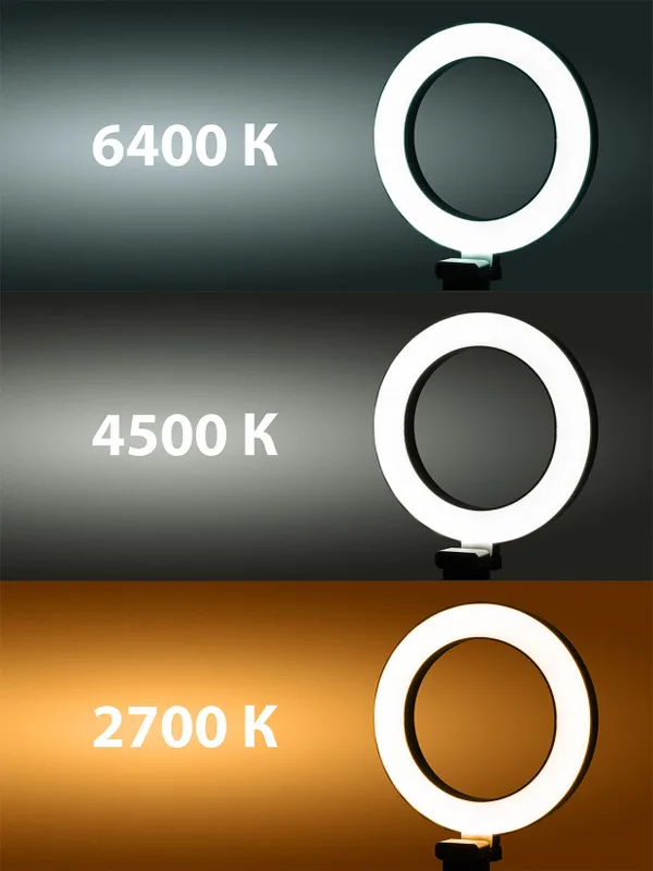 Лампа кольцевая светодиодная 16 см, 6 Вт, 2700-6400 К, штатив наст., диммер, USB, TDM — фото 7