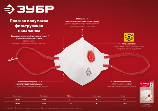 Плоская фильтрующая полумаска ПК-80, класс защиты FFP1, с клапаном выдоха ЗУБР — фото 4