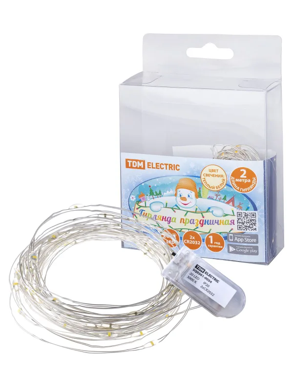 Гирлянда светодиодная "Роса20" 20LED, 2м, 3000К, 2хCR2032 , TDM — фото 2