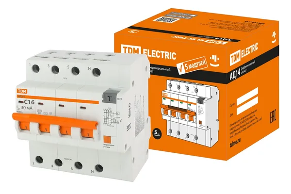 Дифференциальный автоматический выключатель АД14 4П 16А С 30мА 4,5кА тип АС 5 мод TDM